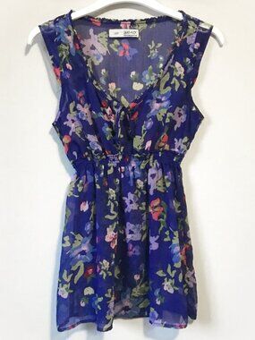 Garage Babydoll Sheer Blue Floral Empress Waist Sleeveless Top Small
